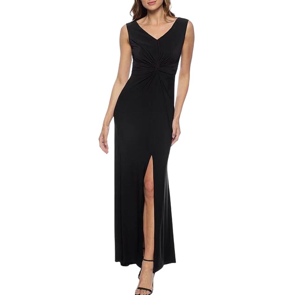 Marina Sleeveless V-Neck Knotted Waist Front Slit Maxi Gown Black Size S